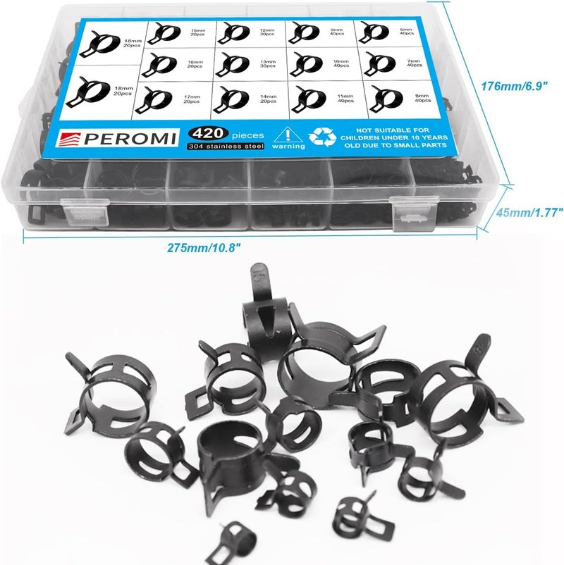 PEROMI 14 Size 6-19mm Spring Hose Clamps, Constant Tension Hose Clamp Fuel Line Silicone Vacuum Hose Steel Pipe Clamp, Low Pressure Air Clip Clamp, Black, 420pcs - Image 5